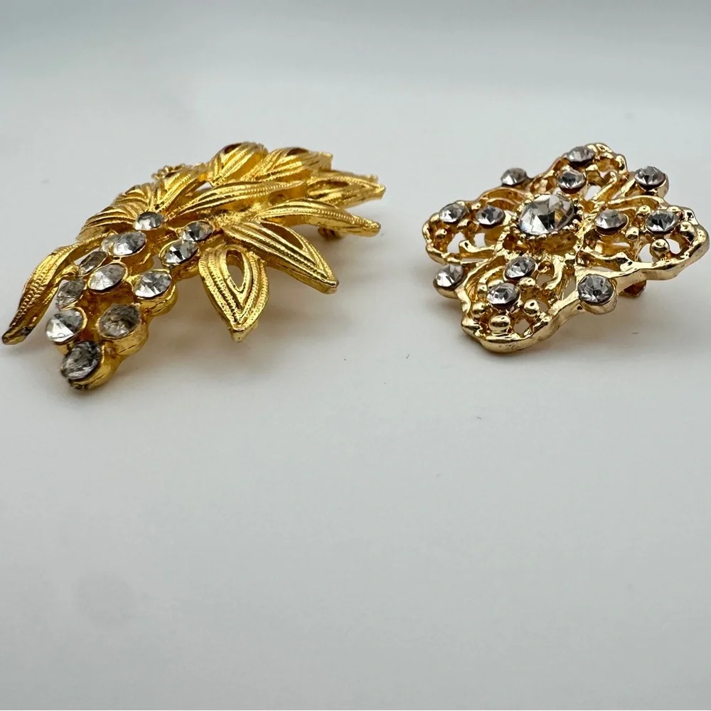 Vintage Rhinestone Gold Tone Brooch Pins Bundle of 2 Estate Costume Jewelry Lot - Picture 4 of 10